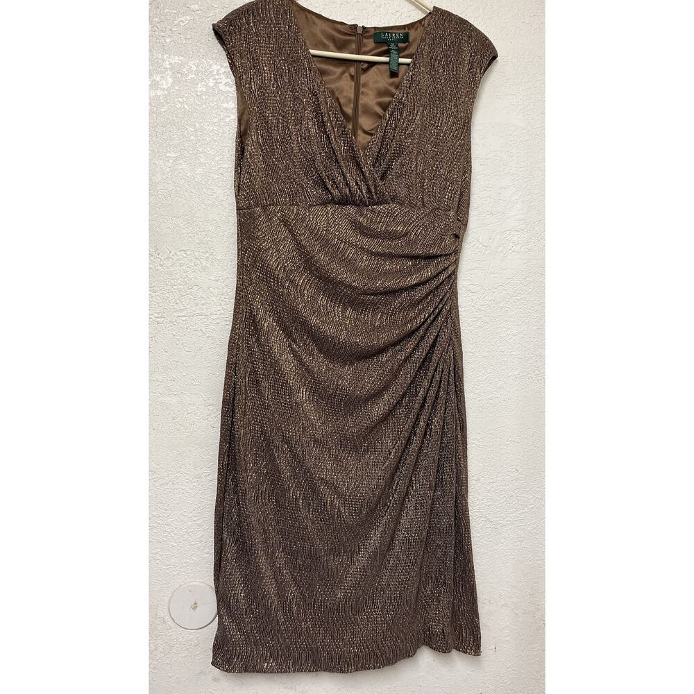 Lauren Ralph Lauren Dress Womens 10 Gold‎ Metallic Ruched Stretch Cocktail Party